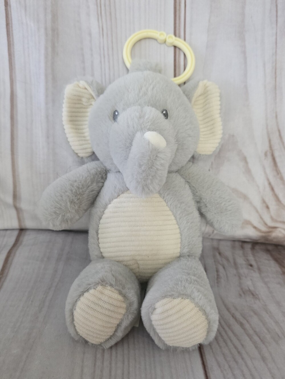 Kellytoy Elephant Plush Rattle Lovey Gray Beige Ribbed Clip On 10 Inch